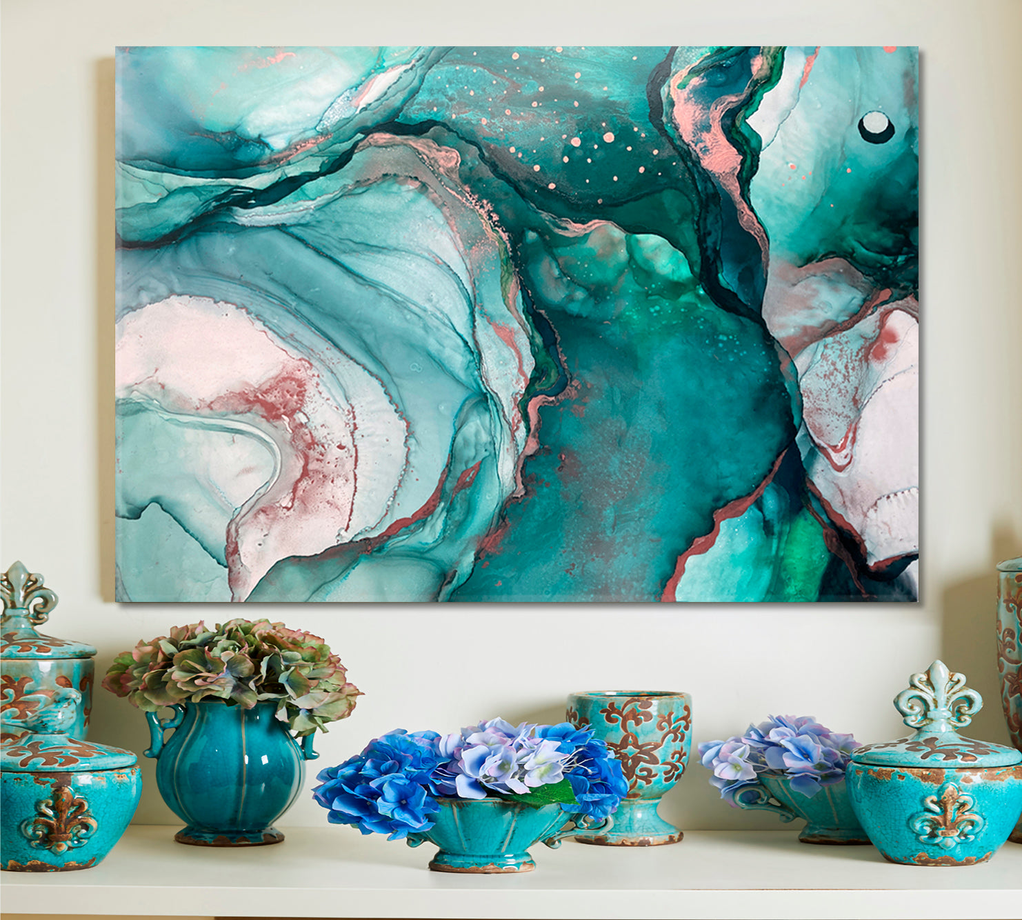 AZURE SEA WAVES Emerald Fluid Flowing Ink Marble Veins Oriental Art Fluid Art, Oriental Marbling Canvas Print Artesty 1 panel 24" x 16" 