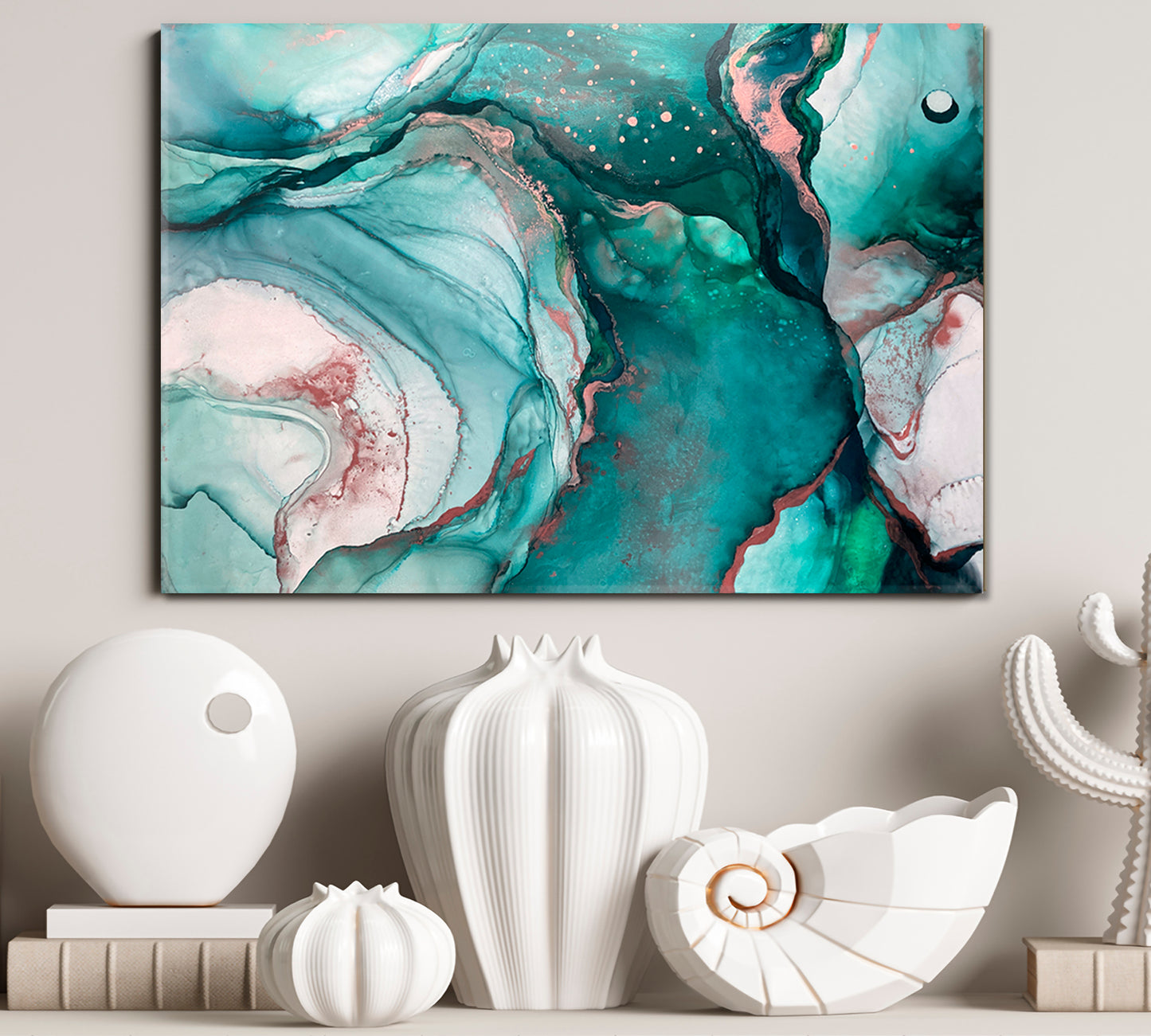 AZURE SEA WAVES Emerald Fluid Flowing Ink Marble Veins Oriental Art Fluid Art, Oriental Marbling Canvas Print Artesty   