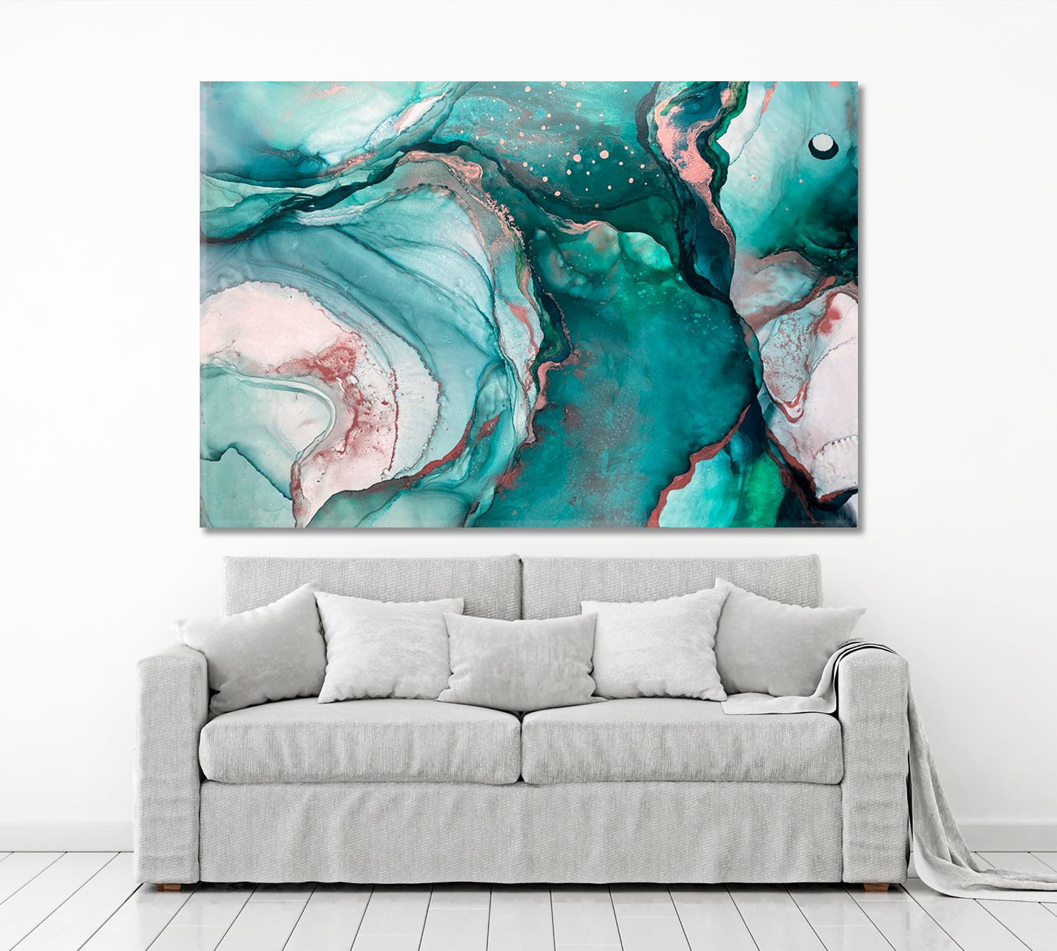 AZURE SEA WAVES Emerald Fluid Flowing Ink Marble Veins Oriental Art Fluid Art, Oriental Marbling Canvas Print Artesty   