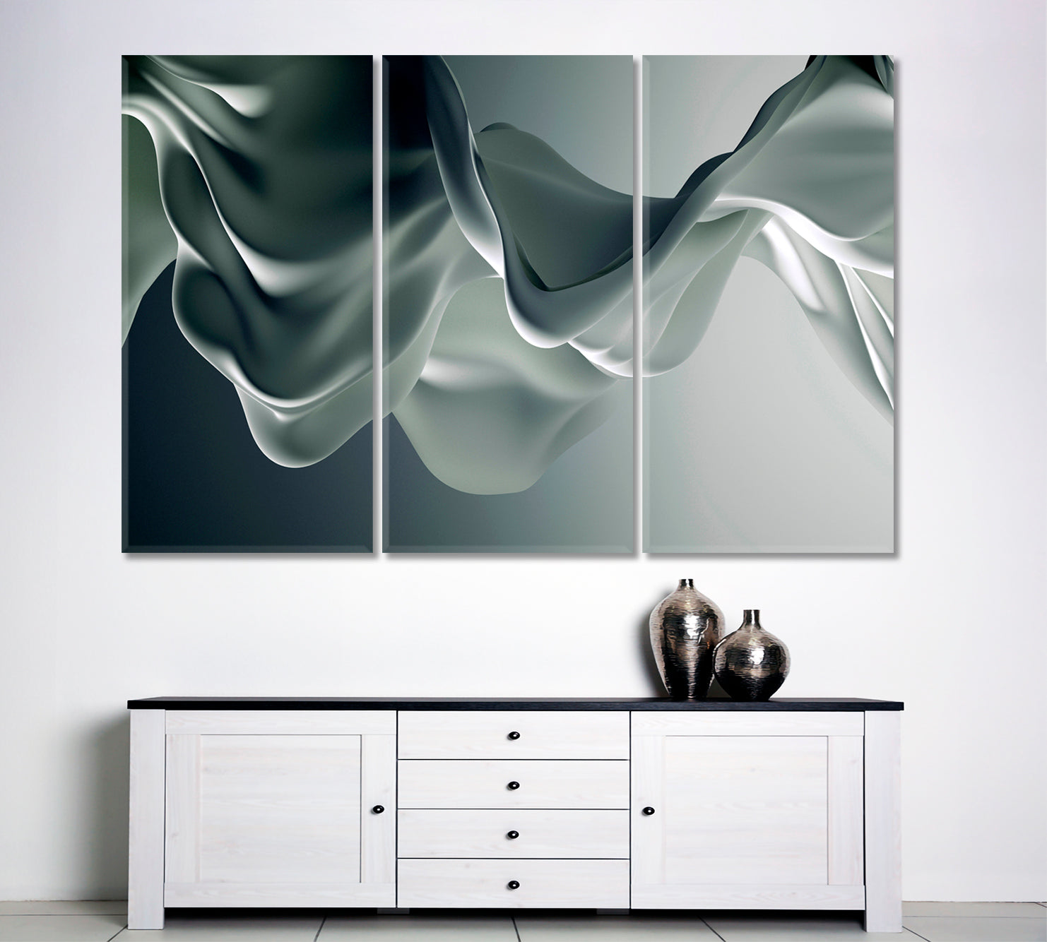 FLUTTERING SILK TRAIN Gray Luxury Elegant Fluid Splash 3d Effect Abstract Art Print Artesty 3 panels 36" x 24" 
