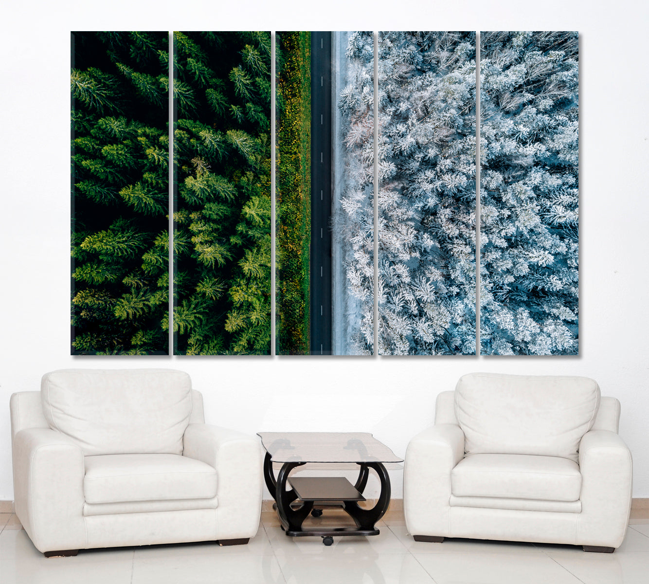 TWO SEASONS Highway Road Through The Forest Aerial View Scenery Landcape Artesty 5 panels 36" x 24" 
