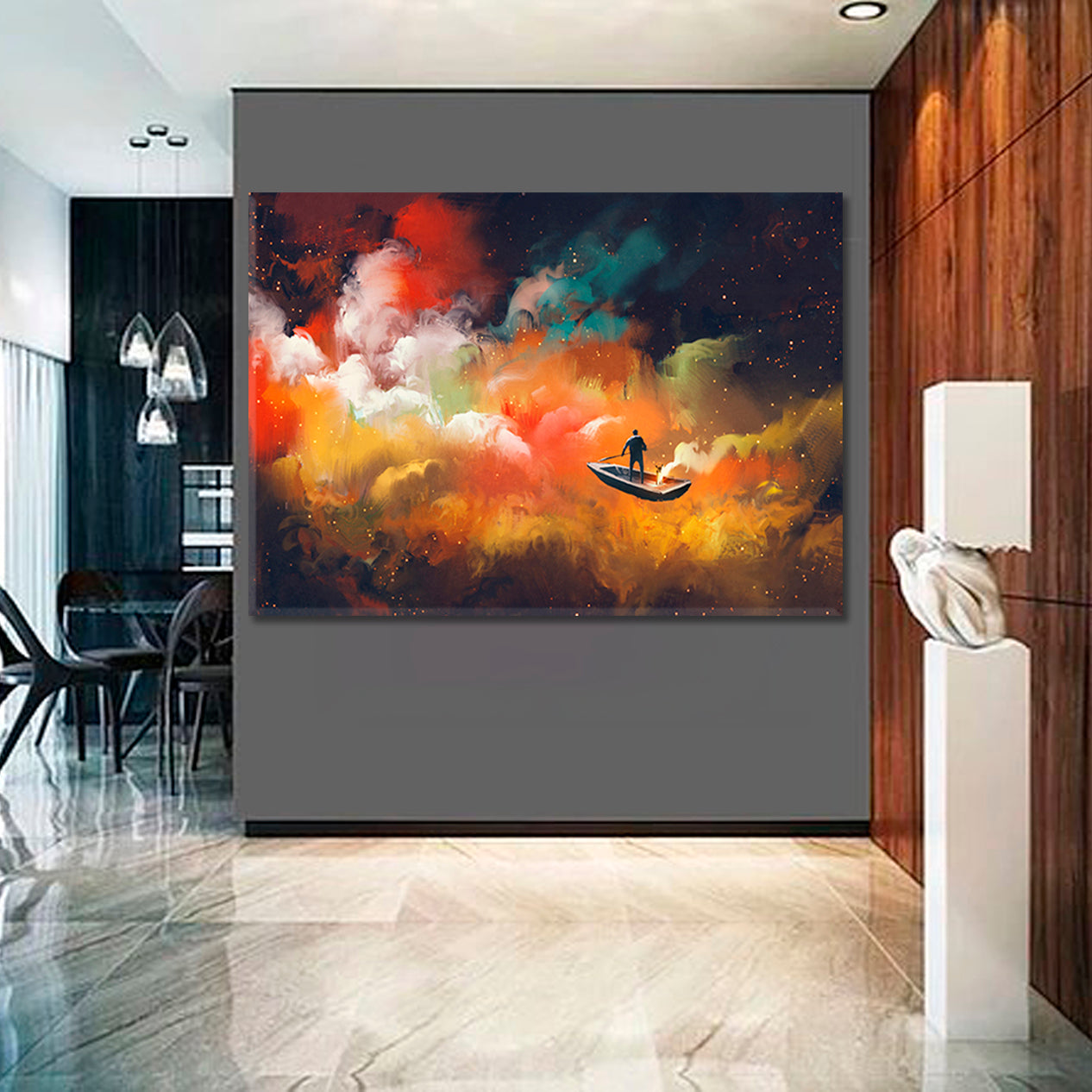 Surreal Dreamlike Man on Boat Outer Space Colorful Clouds Surreal Fantasy Large Art Print Décor Artesty   