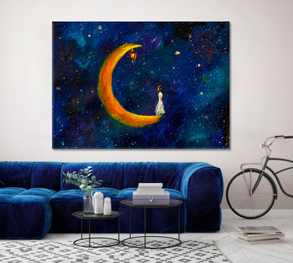 Girl on Big Moon Space Fabulous World Modern Art Impressionism Abstract Landscape Canvas Print Fine Art Artesty   