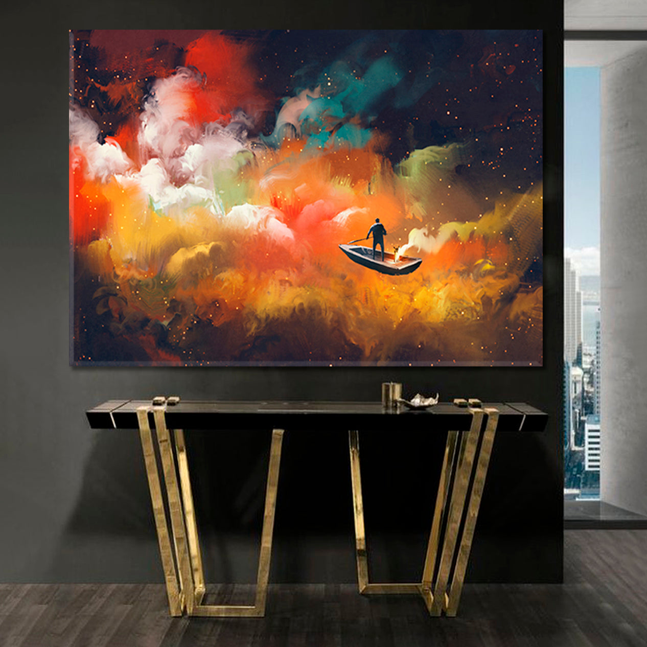 Surreal Dreamlike Man on Boat Outer Space Colorful Clouds Surreal Fantasy Large Art Print Décor Artesty   