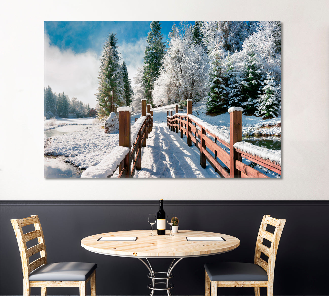 Snow Covered Christmas Trees Forest Bridge Panorama Scenery Landcape Artesty 1 panel 24" x 16" 