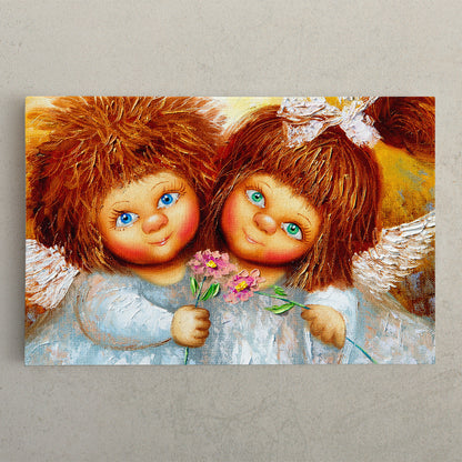 Two Cute Little Girls Angels with Shaggy Red Hair Fine Art Canvas Print Kids Room Canvas Art Print Artesty 1 panel 24" x 16" 