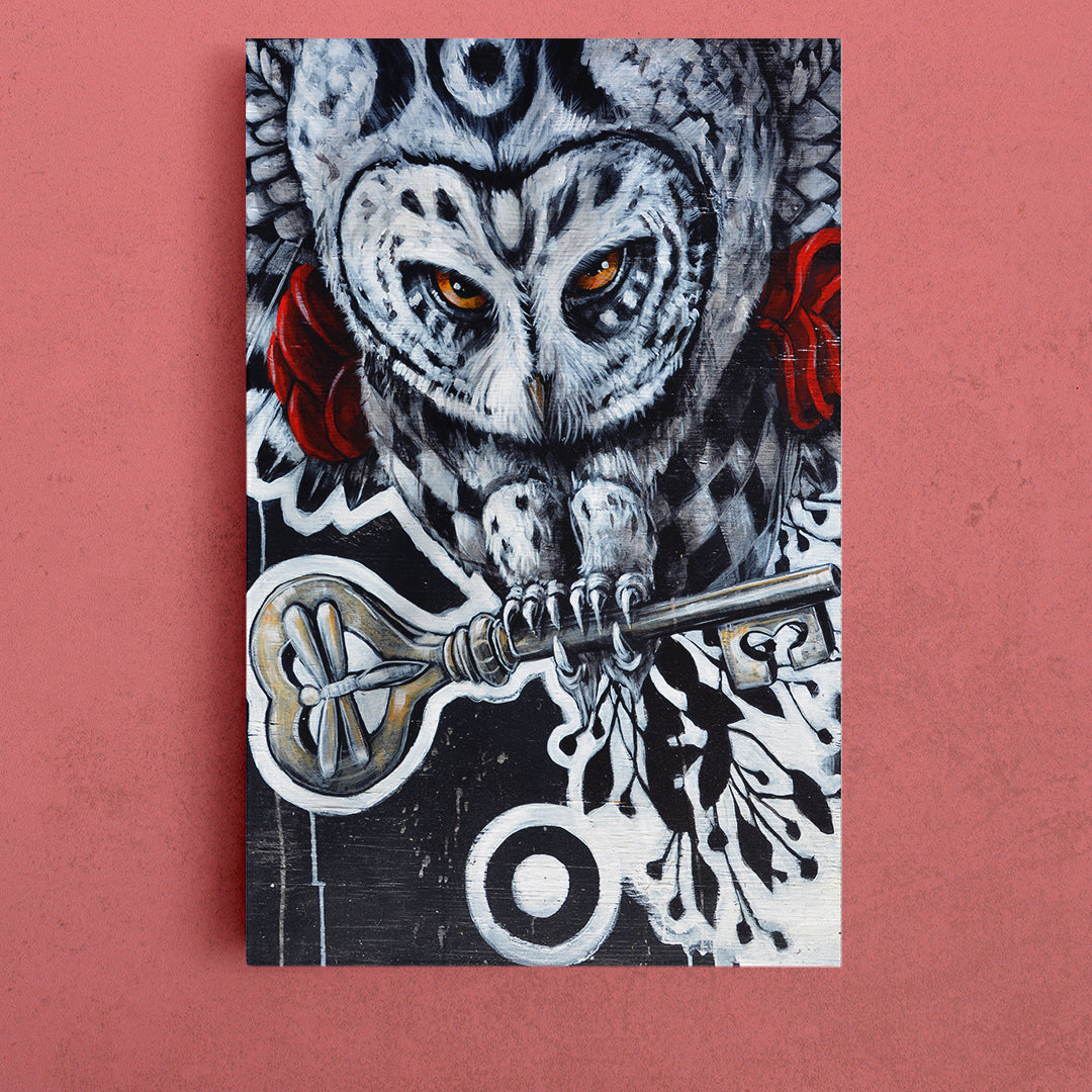 OWL AND KEY Secrets Keeper, Wisdom Honor Knowledge Urban Graffiti Street Art Canvas Print - Vertical Street Art Canvas Print Artesty 1 Panel 16"x24" 