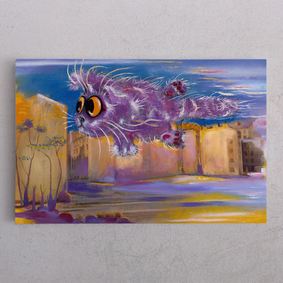Flying Over the City Funny Cat Big Eyes Whimsy Animals Canvas Print Animals Canvas Print Artesty 1 panel 24" x 16" 