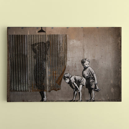 INSPIRED BY BANKSY Boys Spying on a Woman Having a Shower Street Art Canvas Print Street Art Canvas Print Artesty 1 panel 24" x 16" 