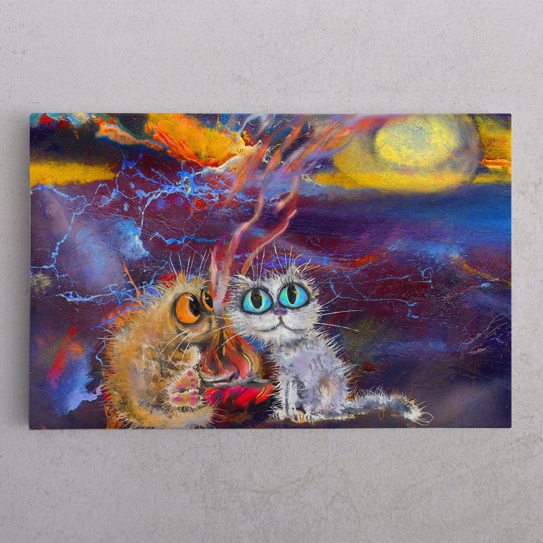 Two Kitten By the Fire Funny Cats Big Eyes Whimsical Animals Canvas Print Animals Canvas Print Artesty 1 panel 24" x 16" 