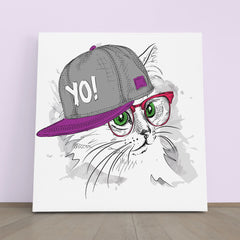 Cute Cat Hip-Hop Hat Funny Whimsical Animal KIDS ROOM CONCEPT Canvas Print | Square Panel Animals Canvas Print Artesty 1 Panel 12"x12" 