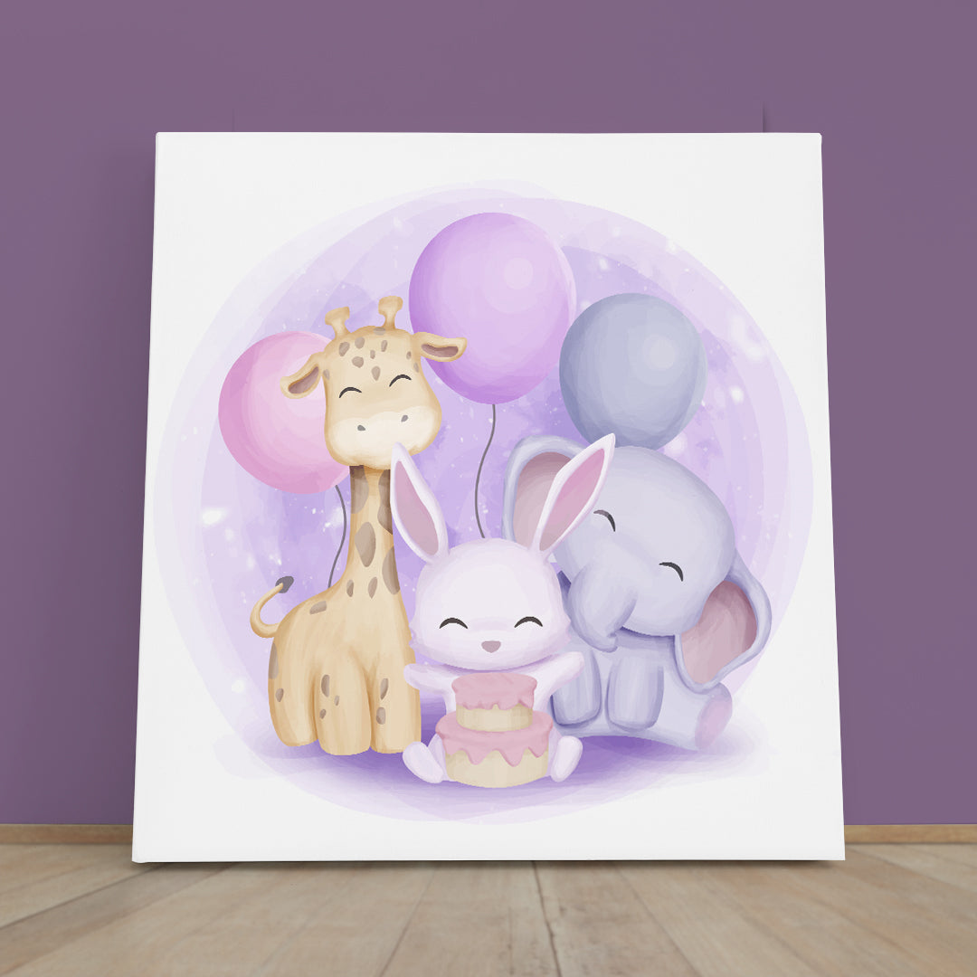 Cute Little Giraffe Rabbit and Elephant Sweet Kids Baby Nursery Art Print | Square Panel Kids Room Canvas Art Print Artesty 1 Panel 12"x12" 