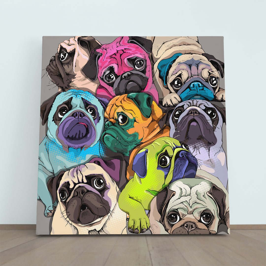 Funny Pugs Dogs Bright Colors Pop Art Whimsical Animal Canvas Print - Square Panel Animals Canvas Print Artesty 1 Panel 12"x12" 