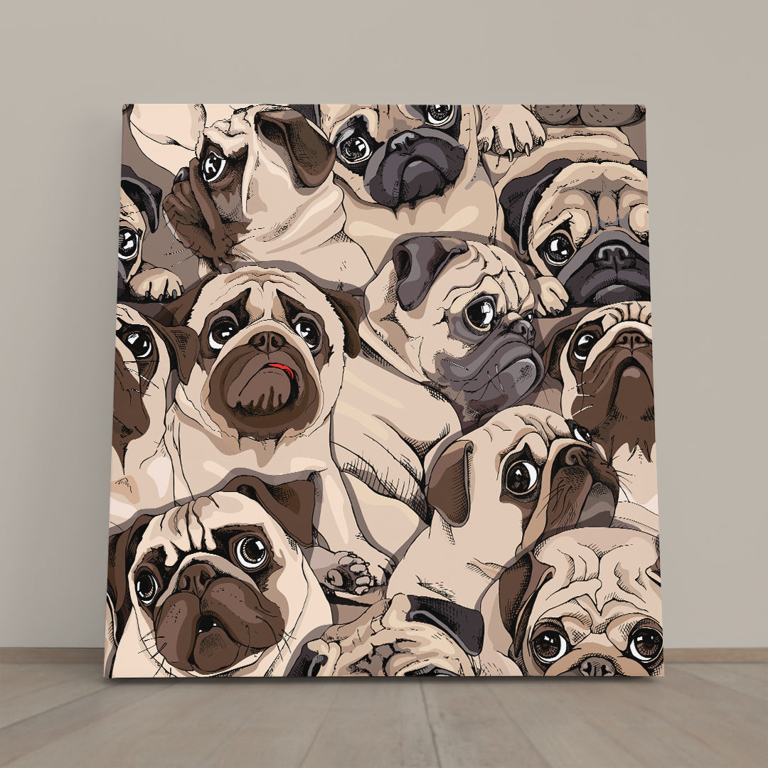 Funny Pugs Composition Sepia Art Style Humor Whimsical Animals Canvas Print - Square Panel Animals Canvas Print Artesty 1 Panel 12"x12" 
