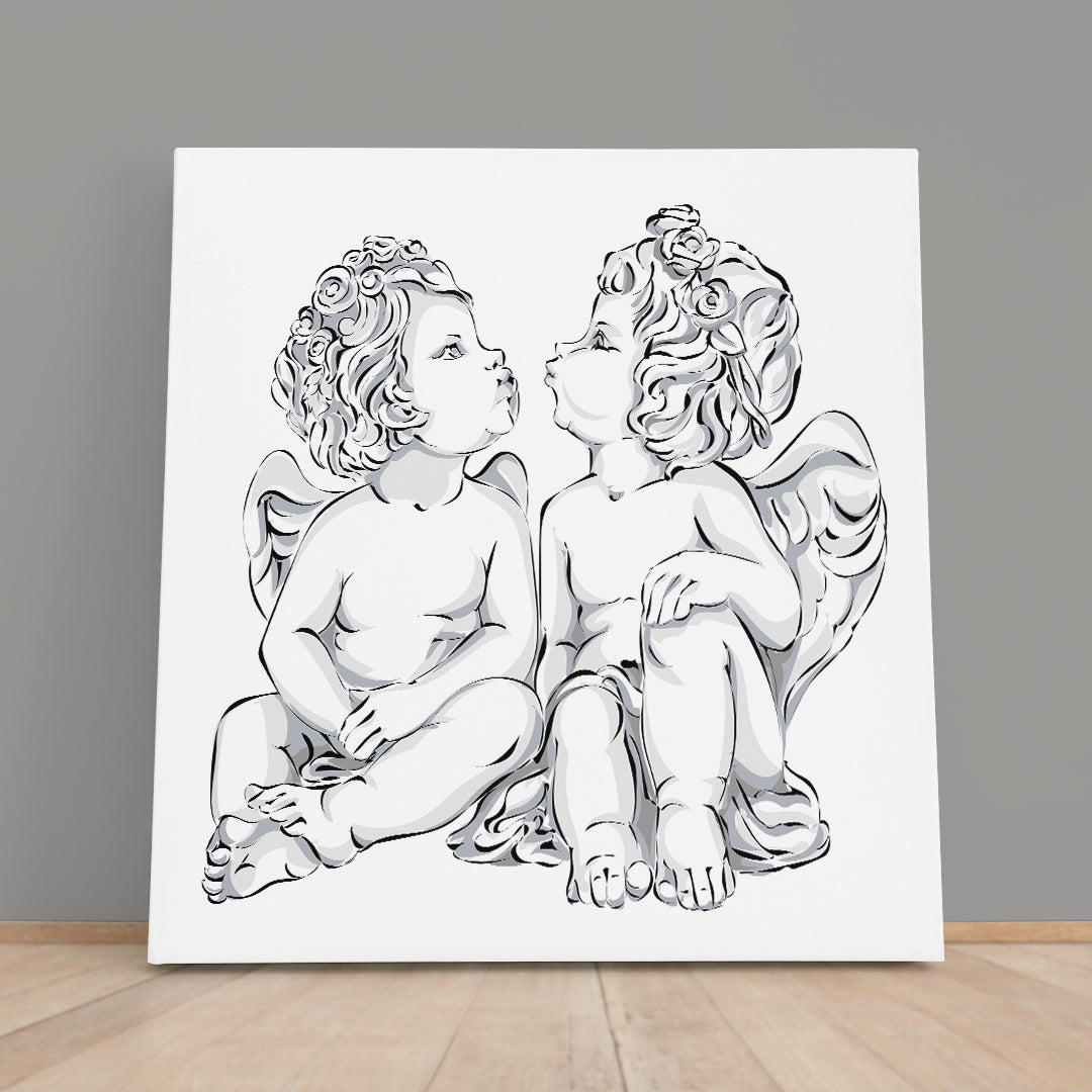 Two Little Angels Cupid Black & White Art Poster Canvas Print | Square Panel Black and White Wall Art Print Artesty 1 Panel 12"x12" 