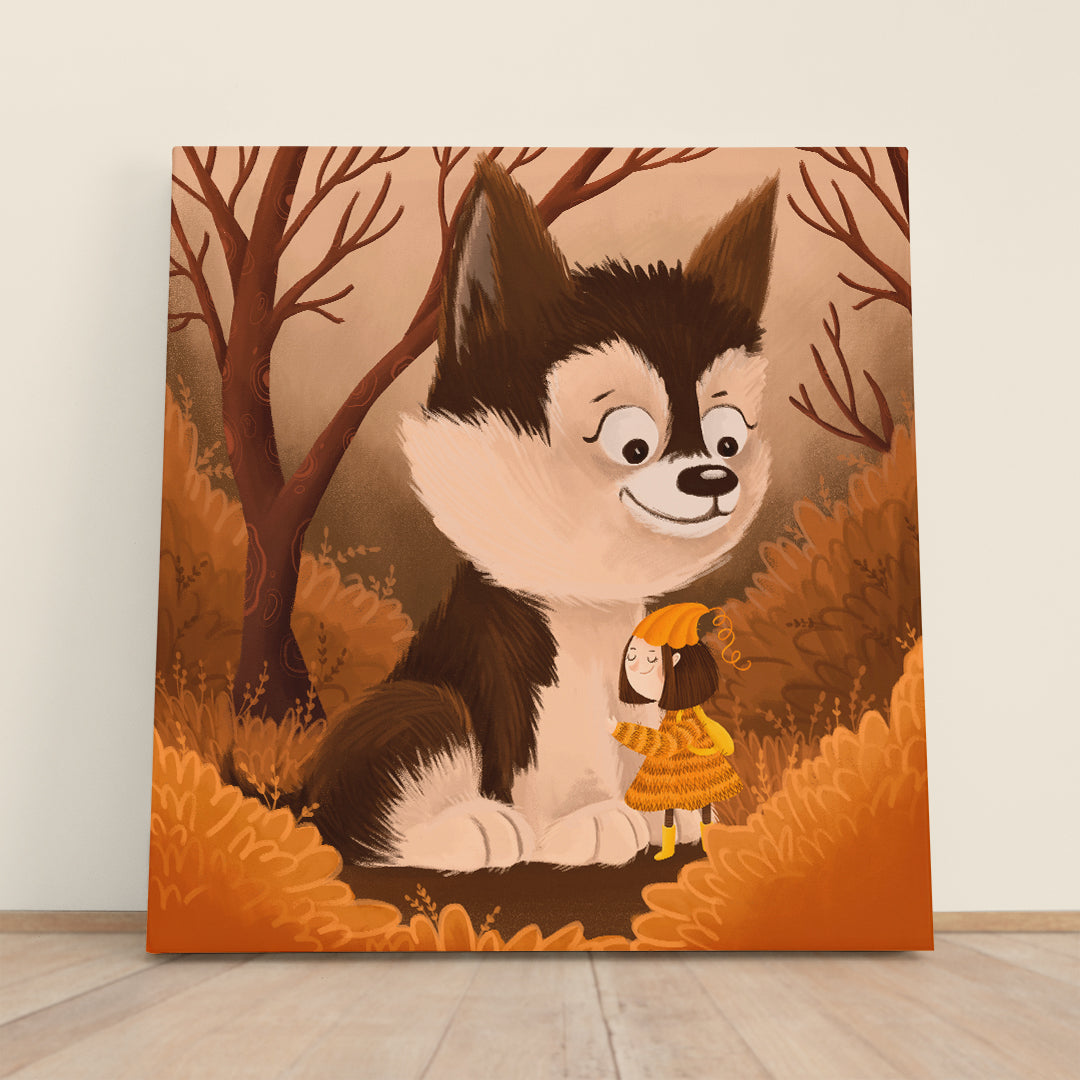 Little Girl and Cute husky Dog Kids Fairy Nursery Art Canvas Print | Square Panel Kids Room Canvas Art Print Artesty 1 Panel 12"x12" 