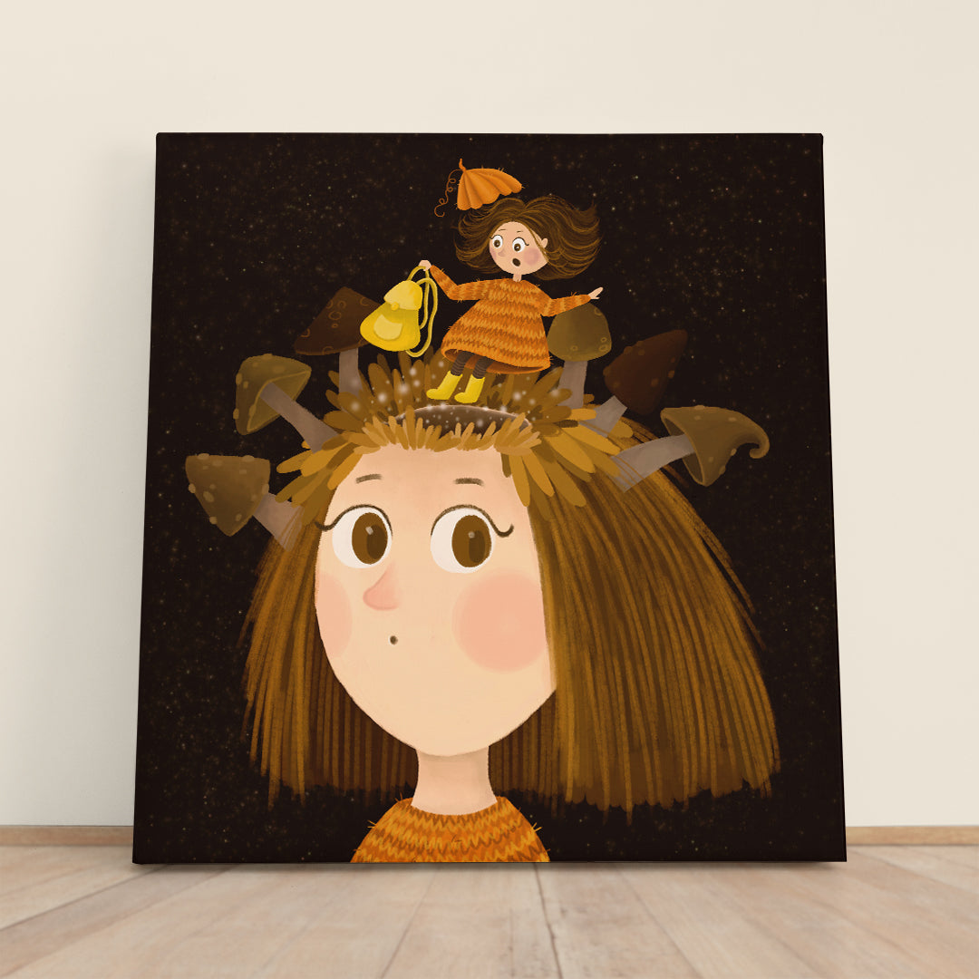 THOUGHTS Getting Into Big Head Surreal Kids Fairy Nursery Art Canvas Print | Square Panel Kids Room Canvas Art Print Artesty   