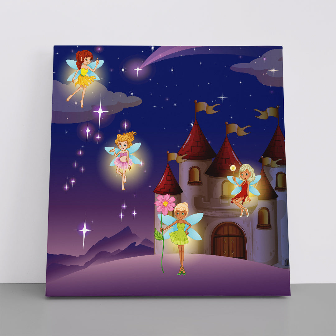 Castle Fairies Flying Sweet Kids Baby Nursery Wall Art Canvas Print | Square Panel Kids Room Canvas Art Print Artesty 1 Panel 12"x12" 