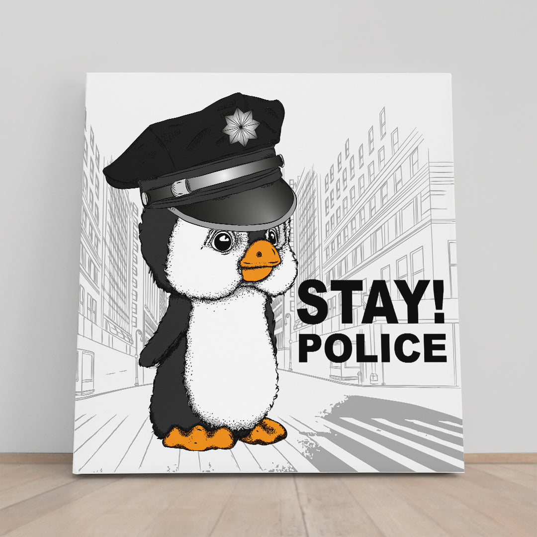 Cute Sweet Penguin Police Cap, Funny Whimsy Animals KIDS ROOM CONCEPT Canvas Print | Square Panel Kids Room Canvas Art Print Artesty 1 Panel 12"x12" 