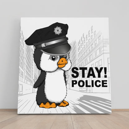 Cute Sweet Penguin Police Cap, Funny Whimsy Animals KIDS ROOM CONCEPT Canvas Print | Square Panel Kids Room Canvas Art Print Artesty 1 Panel 12"x12" 