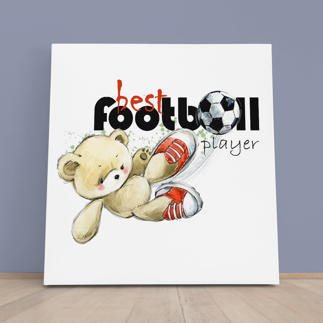 Cute Teddy Bear Soccer Player Football Sweet Kids Baby Nursery Room Canvas Print | Square Panel Kids Room Canvas Art Print Artesty 1 Panel 12"x12" 