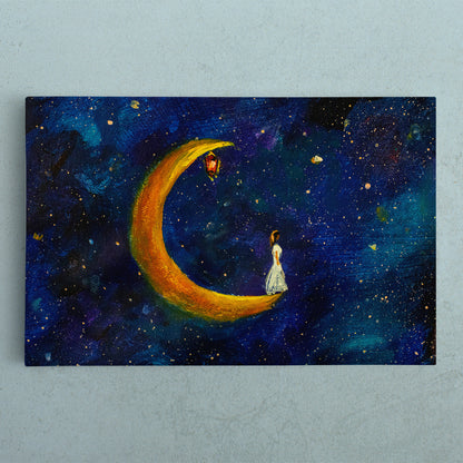 Girl on Big Moon Space Fabulous World Modern Art Impressionism Abstract Landscape Canvas Print Fine Art Artesty 1 panel 24" x 16" 