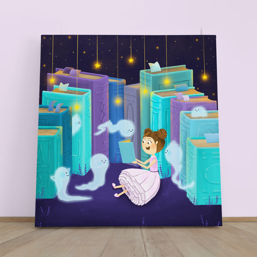 BEDTIME STORY Cute Little Girl Books & Ghosts Sweet Kids Baby Nursery - S Kids Room Canvas Art Print Artesty 1 Panel 12"x12" 