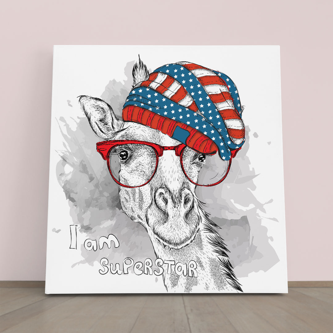 SUPERSTAR Cute Giraffe Hipster USA Hat Baby Room Canvas Print | Square Panel Animals Canvas Print Artesty 1 Panel 12"x12" 