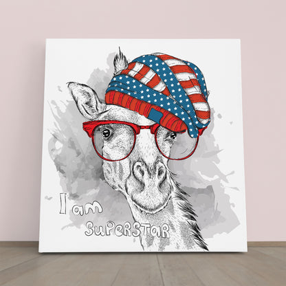 SUPERSTAR Cute Giraffe Hipster USA Hat Baby Room Canvas Print | Square Panel Animals Canvas Print Artesty 1 Panel 12"x12" 