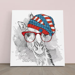 SUPERSTAR Cute Giraffe Hipster USA Hat Baby Room Canvas Print | Square Panel Animals Canvas Print Artesty 1 Panel 12"x12" 