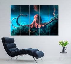 Octopus Underwater World Creative Poster Nautical, Sea Life Pattern Art Artesty 5 panels 36" x 24" 