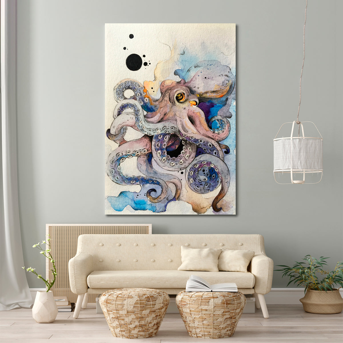 Octopus And Sea Waves Painting Nautical, Sea Life Pattern Art Artesty 1 Panel 16"x24" 