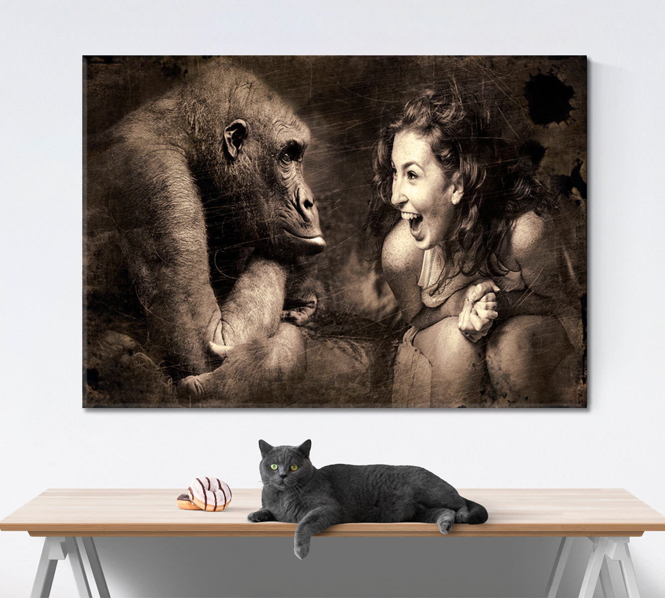 PRETTY WOMAN AND MONKEY Thru Emotions For a Change Vintage Poster Animals Canvas Print Artesty 1 panel 24" x 16" 
