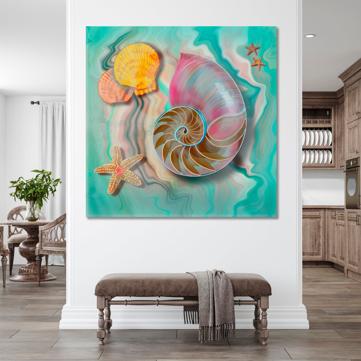 Nautilus Sea Shell and Starfish Turquoise Marble Artwork Abstract Art Print Artesty   