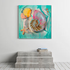 Nautilus Sea Shell and Starfish Turquoise Marble Artwork Abstract Art Print Artesty   