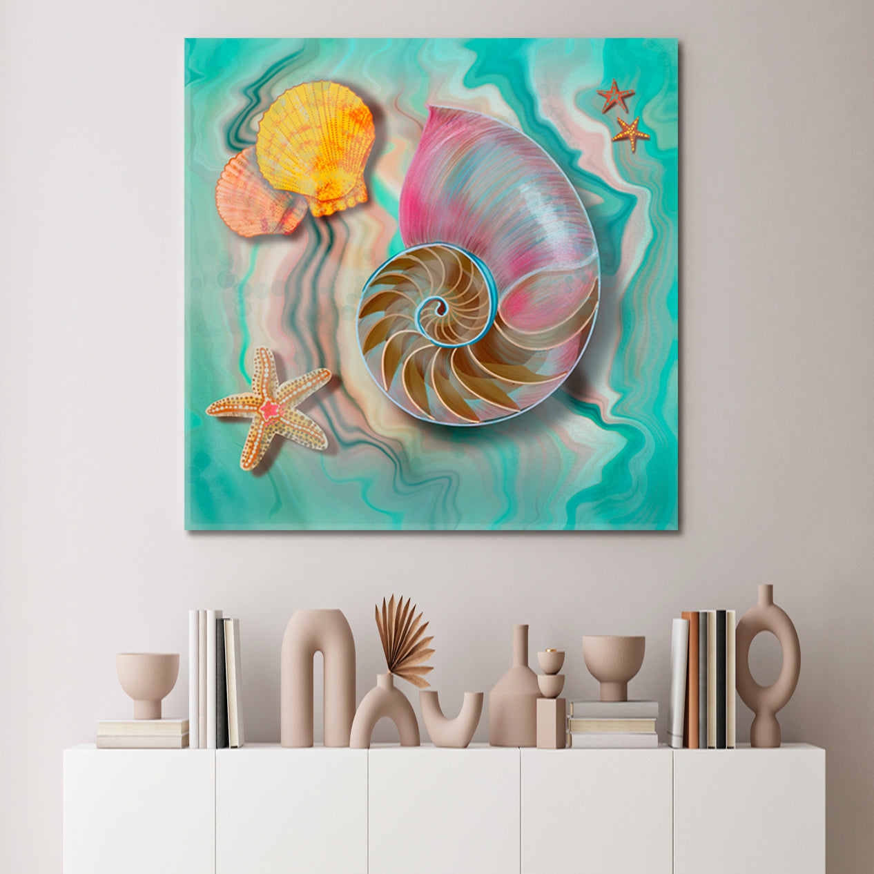 Nautilus Sea Shell and Starfish Turquoise Marble Artwork Abstract Art Print Artesty 1 Panel 12"x12" 