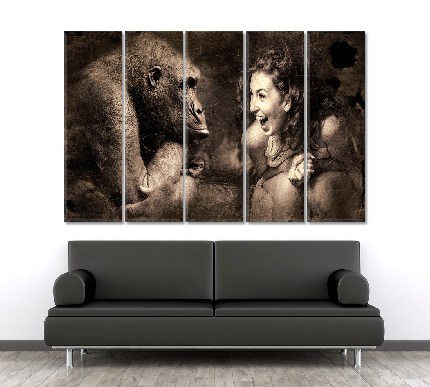 PRETTY WOMAN AND MONKEY Thru Emotions For a Change Vintage Poster Animals Canvas Print Artesty 5 panels 36" x 24" 