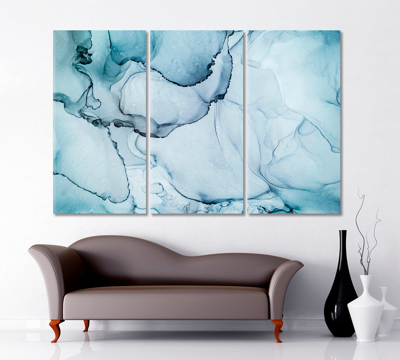 Gentle Abstract Veines Blue Modern Marble Ink Pattern Fluid Art, Oriental Marbling Canvas Print Artesty 3 panels 36" x 24" 