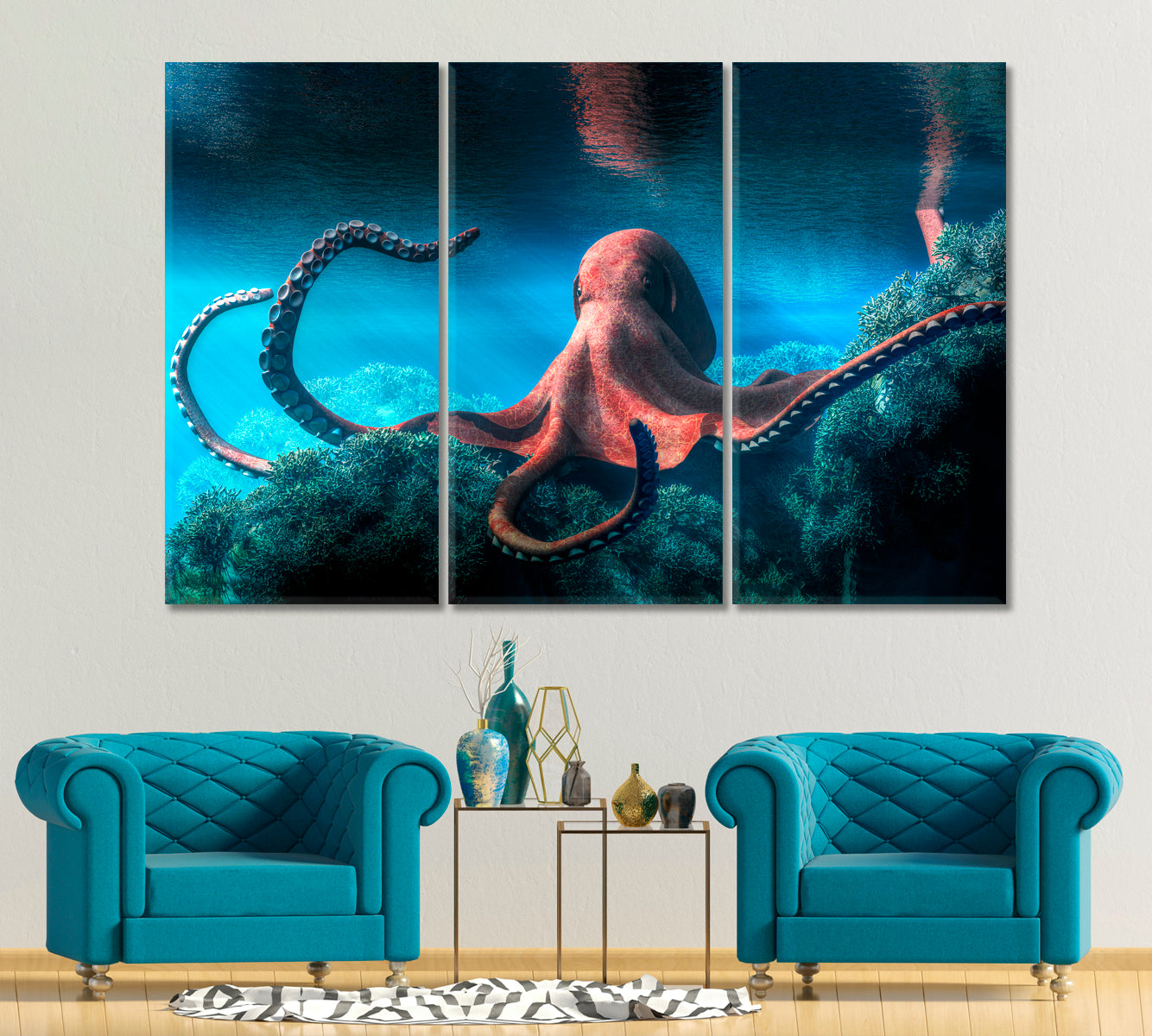 Octopus Underwater World Creative Poster Nautical, Sea Life Pattern Art Artesty 3 panels 36" x 24" 